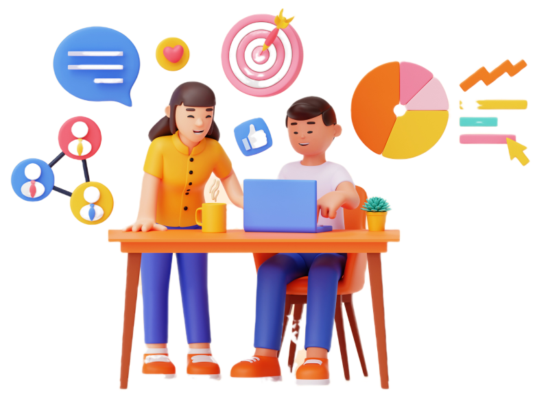 Illustration of a woman and a man working together at a desk with a laptop. Surrounding them are icons representing speech bubbles, a heart, a target, pie charts, graphs, and social media symbols, indicating teamwork and communication in an SEO-focused business setting.