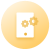 A yellow circular icon with a white silhouette of a smartphone and two gear symbols, one larger and one smaller, overlaid on the screen, indicating settings or technical configuration for mobile devices, much like optimizing an Elementor page for SEO.