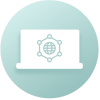 A circular teal icon prominently displays a minimalist white laptop, showcasing a globe with interconnected nodes on the screen, symbolizing global connectivity and networking. This icon perfectly aligns with the sleek design aesthetic of Elementor #7.